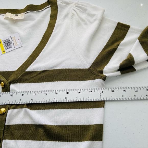 Michael Kors Sweater Women’s Medium Olive White Cardigan Striped Long Sleeve. - Picture 10 of 12